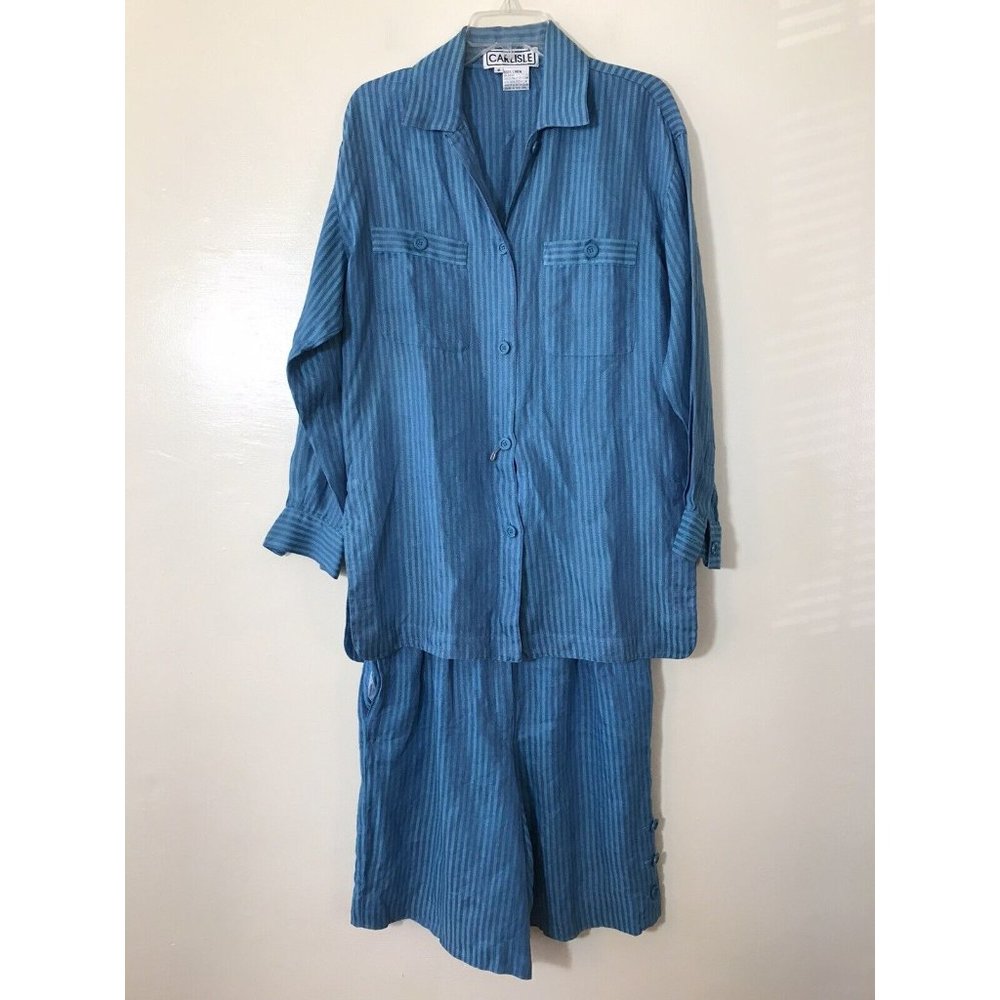 Vintage Carlisle 100% Linen Blue Stripe Shirt Short Set Button Down Size 8 Flax